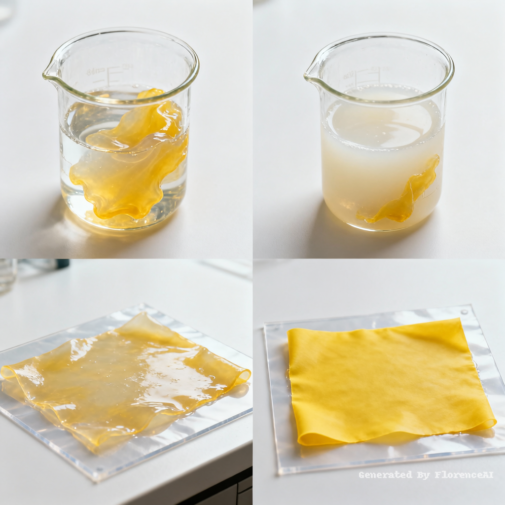 45度俯视图，科研摄影风格，柔和的光线，白色背景：
图五：黄色薄膜浸泡在装有一半水的玻璃烧杯中，黄色