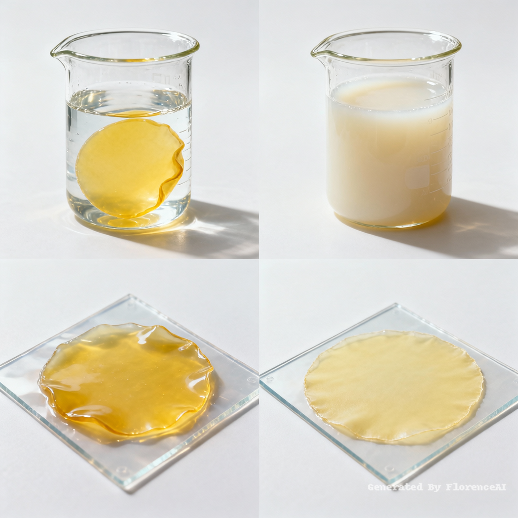 共四幅图：
图一：圆形黄色薄膜浸泡在装有一半水的玻璃烧杯中，黄色薄膜吸水后形成凝胶态，呈现水合膨胀的