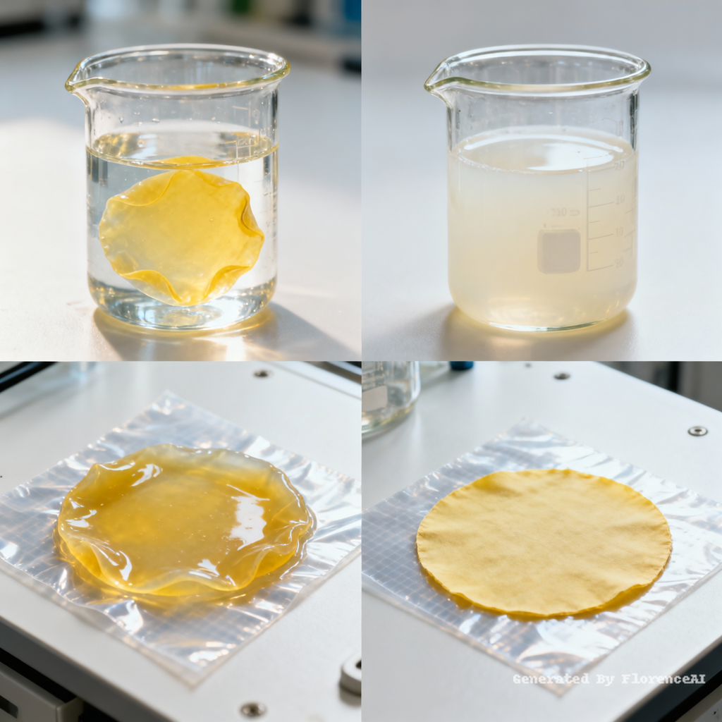 共四幅图：
图一：圆形黄色薄膜浸泡在装有一半水的玻璃烧杯中，黄色薄膜吸水后形成凝胶态，呈现水合膨胀的