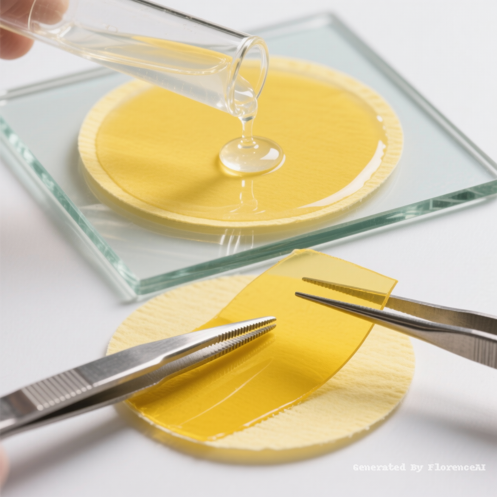 45度俯视图，科研摄影风格，柔和的光线，白色背景：
图一：圆形黄色滤纸（浸泡后滤纸变为黄色）平铺在正