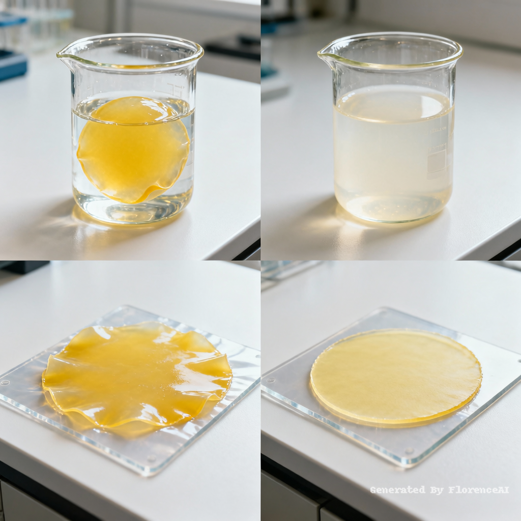 共四幅图：
图一：圆形黄色薄膜浸泡在装有一半水的玻璃烧杯中，黄色薄膜吸水后形成凝胶态，呈现水合膨胀的