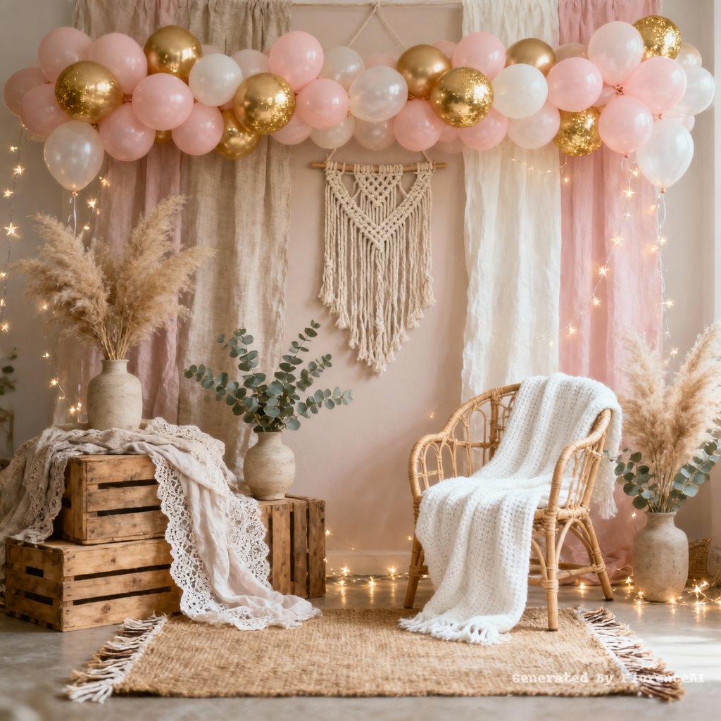Photorealistic boho birthday party backdrop with s