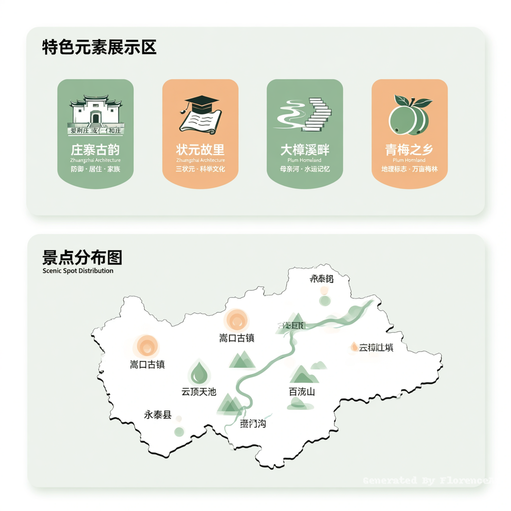 一张地域特色分析信息图，风格简洁清晰，白色背景为主，搭配浅绿色和浅橙色的模块化板块。画面分为上下两大