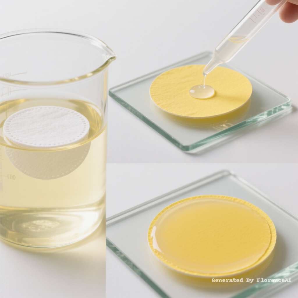 A thin circular white filter paper fully submerged