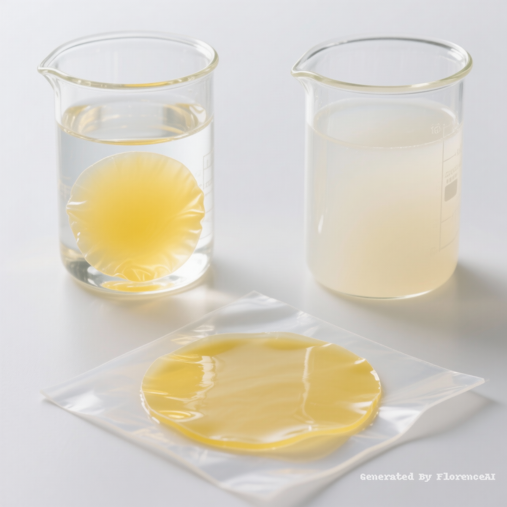 图五：圆形黄色薄膜浸泡在装有一半水的玻璃烧杯中，黄色薄膜吸水后形成凝胶态，呈现水合膨胀的外观。侧视图