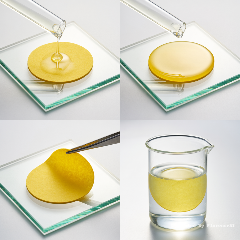 45度俯视图，科研摄影风格，柔和的光线，白色背景：
图一：圆形黄色滤纸（浸泡后滤纸变为黄色）平铺在正