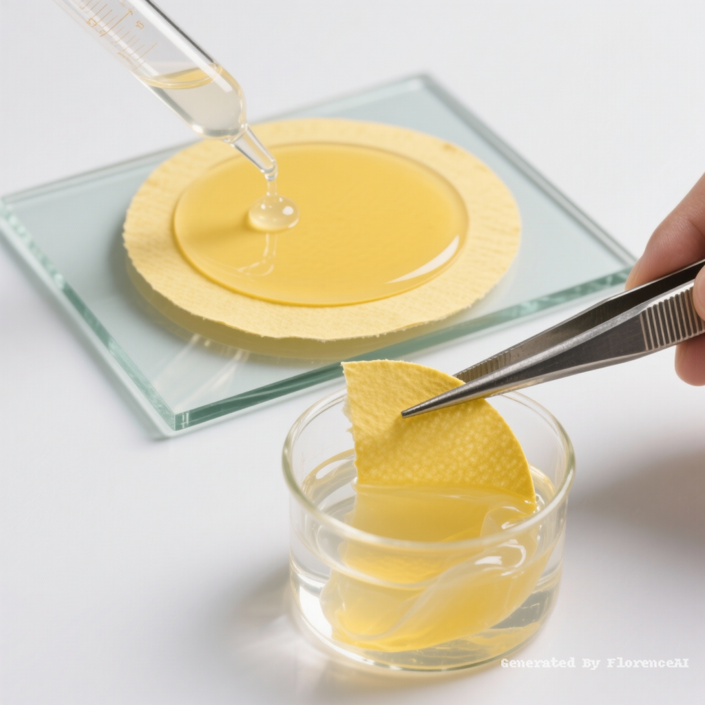 45度俯视图，科研摄影风格，柔和的光线，白色背景：
图一：圆形黄色滤纸（浸泡后滤纸变为黄色）平铺在正