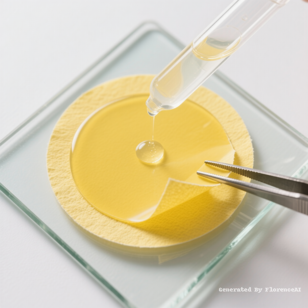 45度俯视图，科研摄影风格，柔和的光线，白色背景：
图一：圆形黄色滤纸（浸泡后滤纸变为黄色）平铺在正