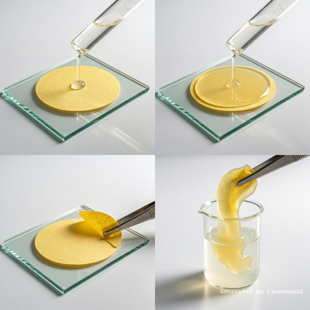 45度俯视图，科研摄影风格，柔和的光线，白色背景：
图一：圆形黄色滤纸（浸泡后滤纸变为黄色）平铺在正