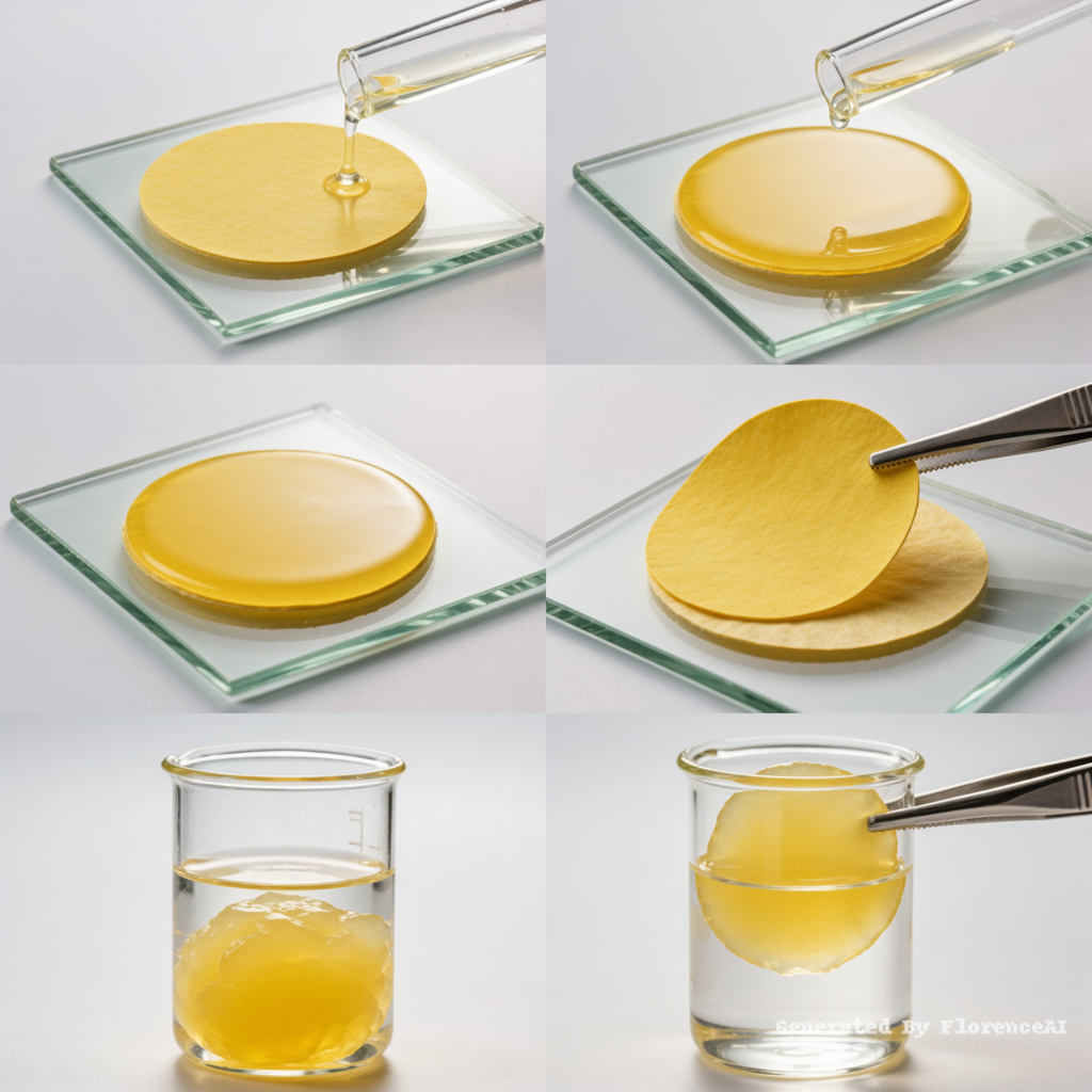 45度俯视图，科研摄影风格，柔和的光线，白色背景：
图一：圆形黄色滤纸（浸泡后滤纸变为黄色）平铺在正