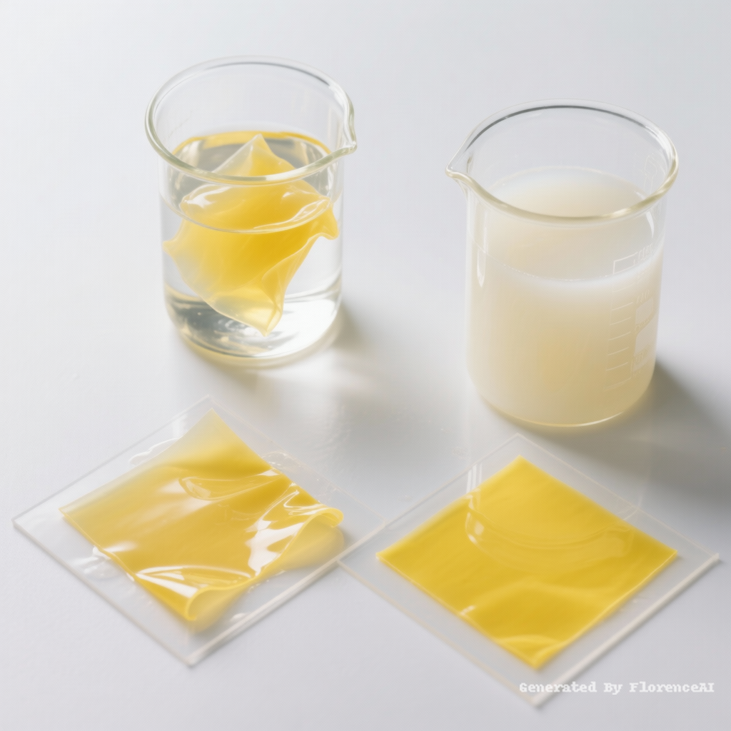 45度俯视图，科研摄影风格，柔和的光线，白色背景：
图五：黄色薄膜浸泡在装有一半水的玻璃烧杯中，黄色