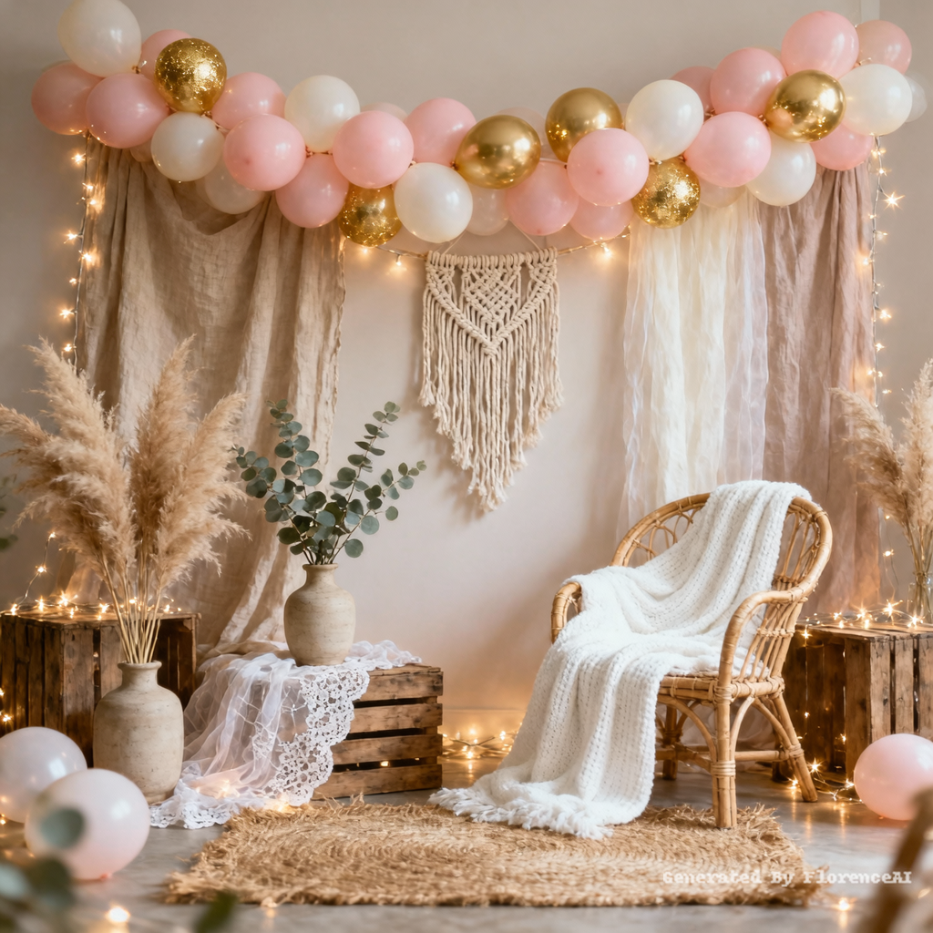 Photorealistic boho birthday party backdrop with s