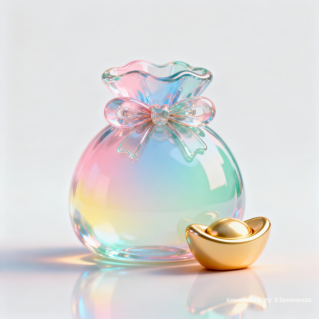 帮我生成图片:3DC4D渲染，极简卡通图标，高透渐变玻璃质感福袋，卡通元宝，多巴胺色系，高级色彩搭配