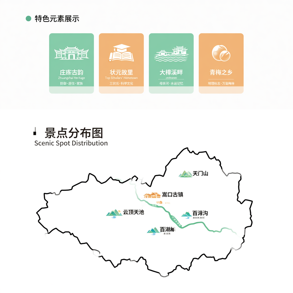 一张地域特色分析信息图，风格简洁清晰，白色背景为主，搭配浅绿色和浅橙色的模块化板块。画面分为上下两大