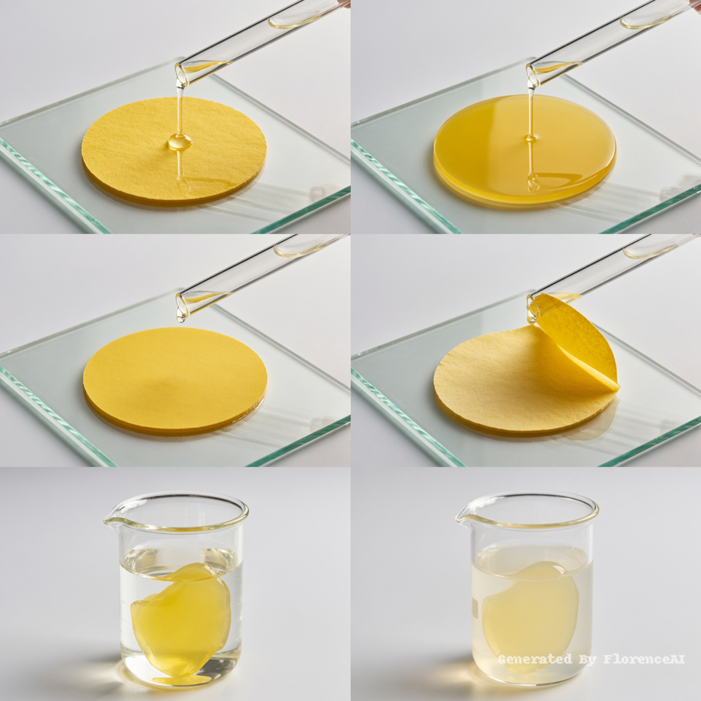 45度俯视图，科研摄影风格，柔和的光线，白色背景：
图一：圆形黄色滤纸（浸泡后滤纸变为黄色）平铺在正