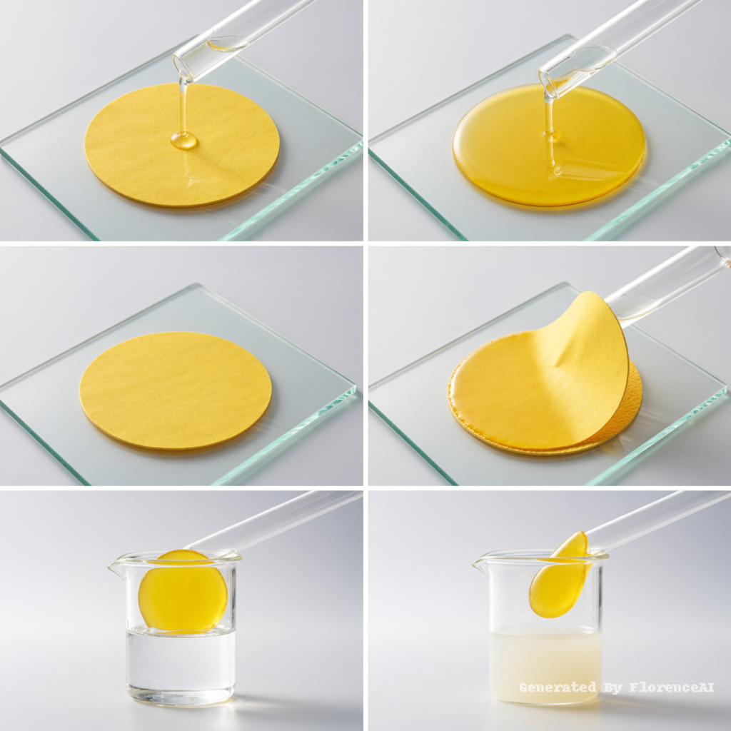 45度俯视图，科研摄影风格，柔和的光线，白色背景：
图一：圆形黄色滤纸（浸泡后滤纸变为黄色）平铺在正