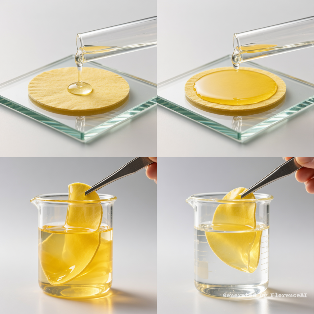 45度俯视图，科研摄影风格，柔和的光线，白色背景：
图一：圆形黄色滤纸（浸泡后滤纸变为黄色）平铺在正