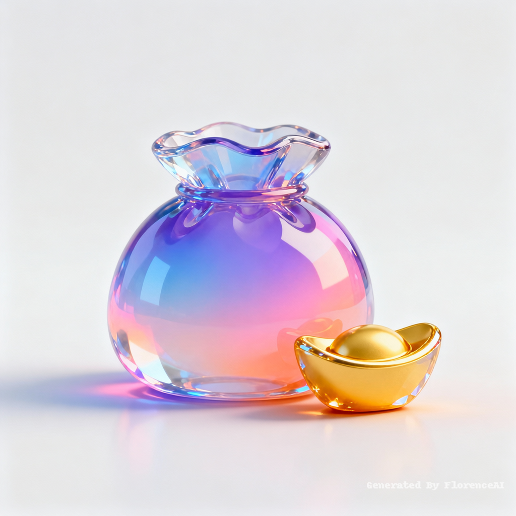 帮我生成图片:3DC4D渲染，极简卡通图标，高透渐变玻璃质感福袋，卡通元宝，多巴胺色系，高级色彩搭配