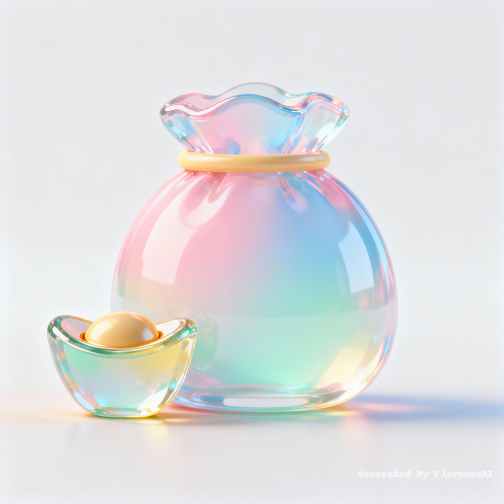 帮我生成图片:3DC4D渲染，极简卡通图标，高透渐变玻璃质感福袋，卡通元宝，多巴胺色系，高级色彩搭配