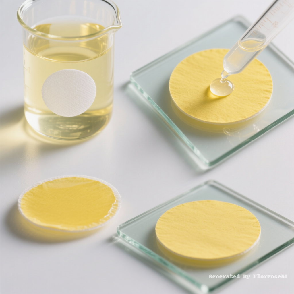 A thin circular white filter paper fully submerged