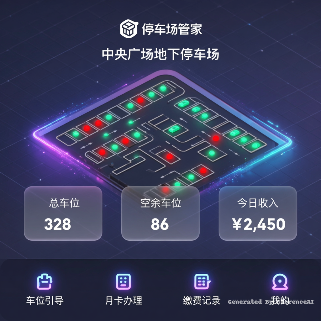 科技感停车场管理App首页UI设计，深蓝色渐变背景，带有科技网格线条和光效。页面顶部显示“停车场管家