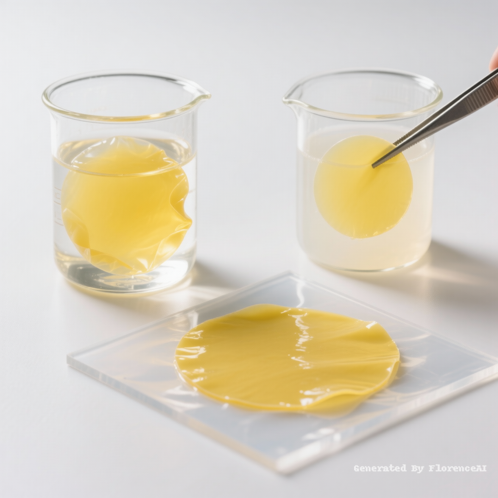 图五：圆形黄色薄膜浸泡在装有一半水的玻璃烧杯中，黄色薄膜吸水后形成凝胶态，呈现水合膨胀的外观。侧视图