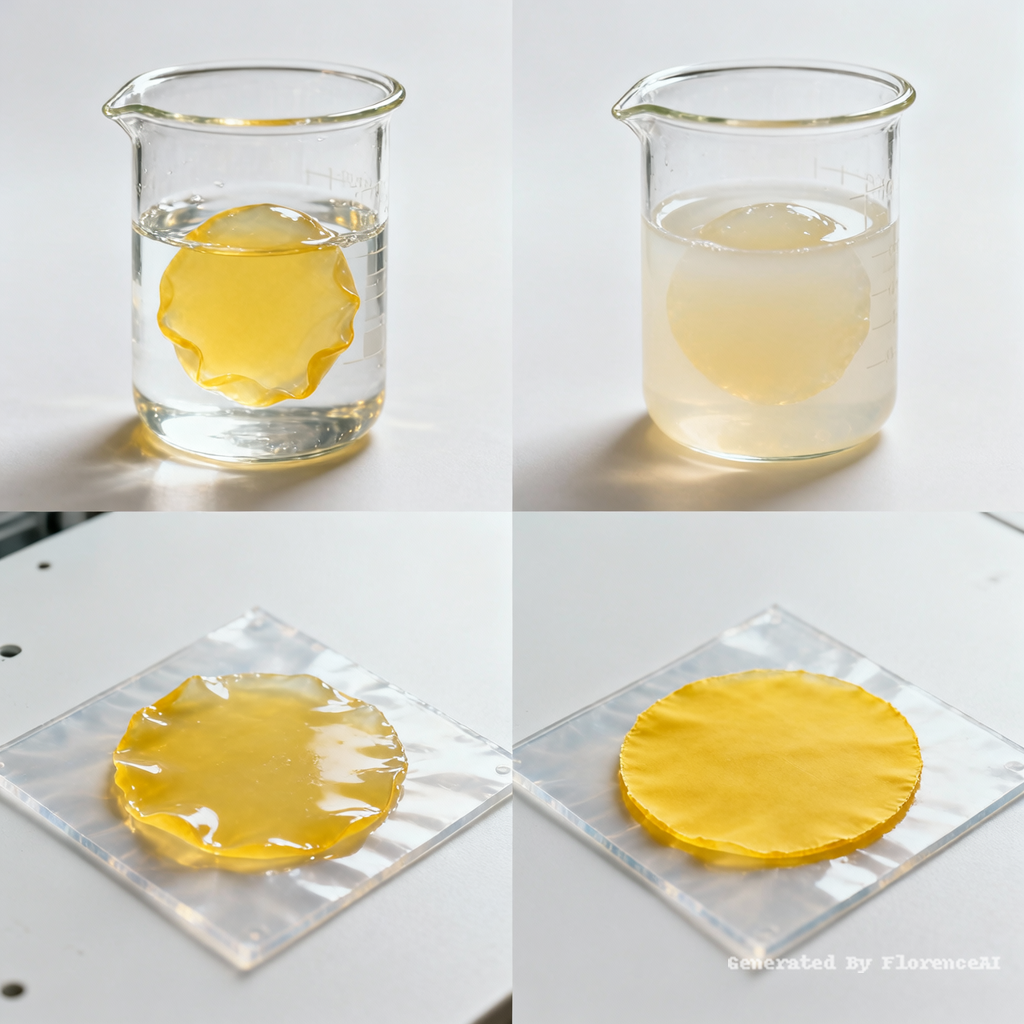 共四幅图：
图一：圆形黄色薄膜浸泡在装有一半水的玻璃烧杯中，黄色薄膜吸水后形成凝胶态，呈现水合膨胀的