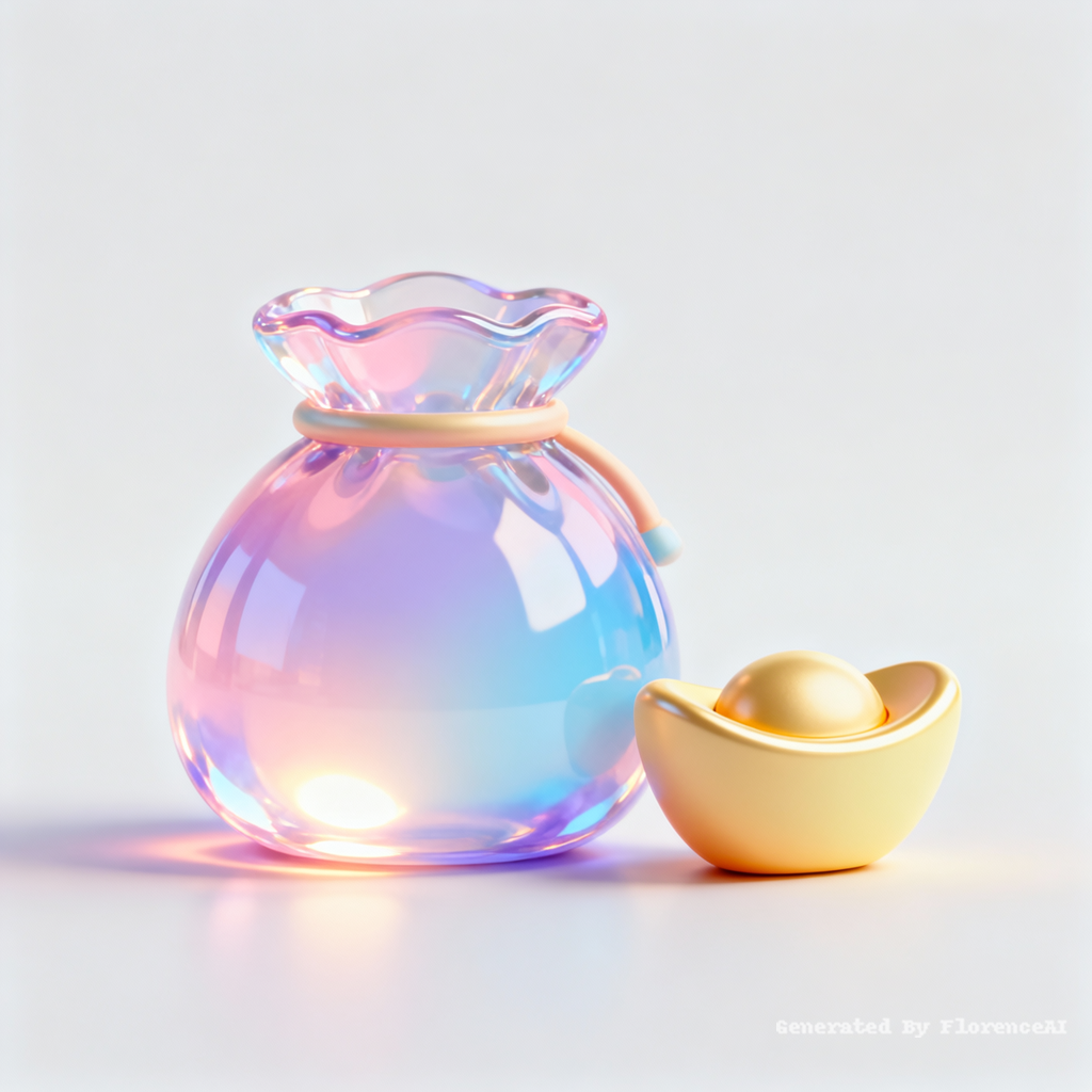 帮我生成图片:3DC4D渲染，极简卡通图标，高透渐变玻璃质感福袋，卡通元宝，多巴胺色系，高级色彩搭配