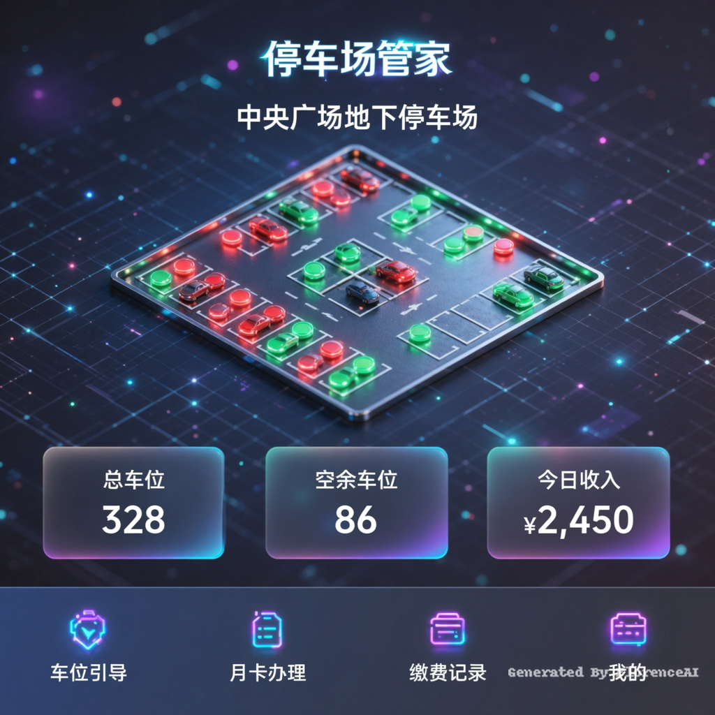 科技感停车场管理App首页UI设计，深蓝色渐变背景，带有科技网格线条和光效。页面顶部显示“停车场管家