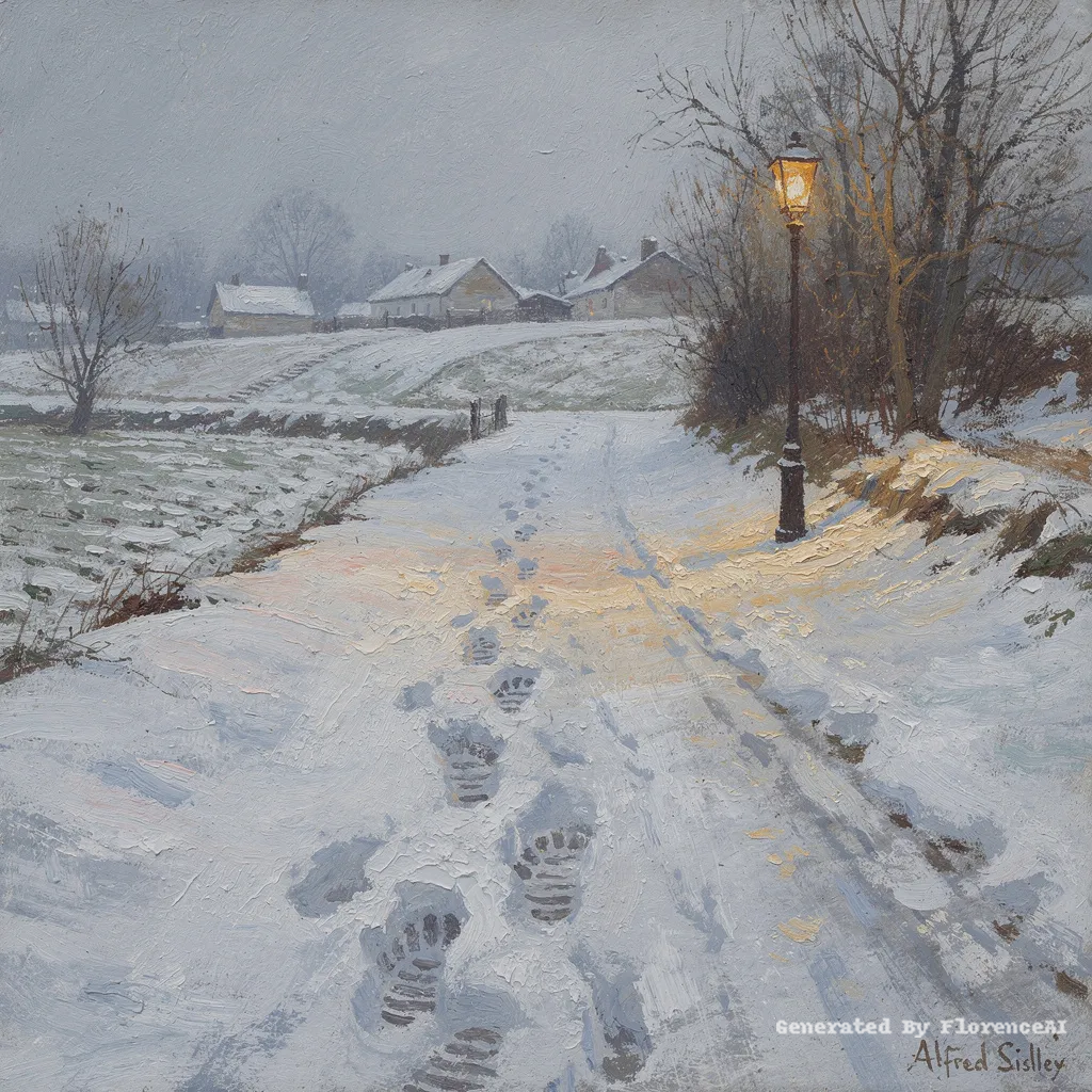 类似西斯莱《雪中小路》，深深履痕，孤灯映雪。