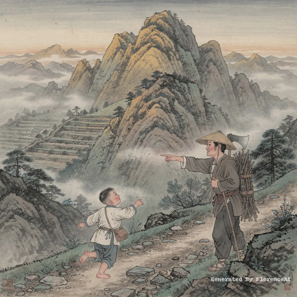 类似  塞尚《圣维克多山》，樵夫指路，孩童奔跑山径。中国风  路面改为山间小路，孩子改为一个