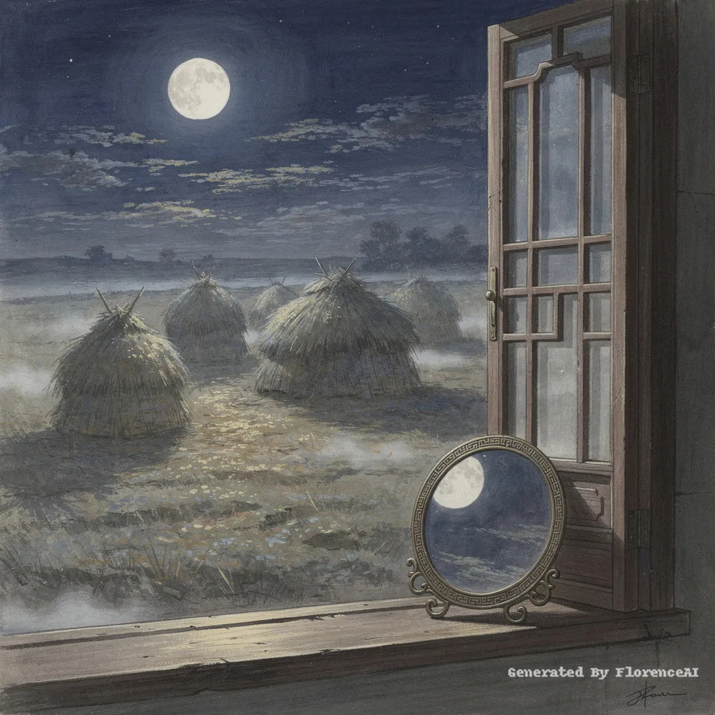 类似  莫奈《月光下的草堆》，明月皎洁，铜镜虚置窗台。中国风