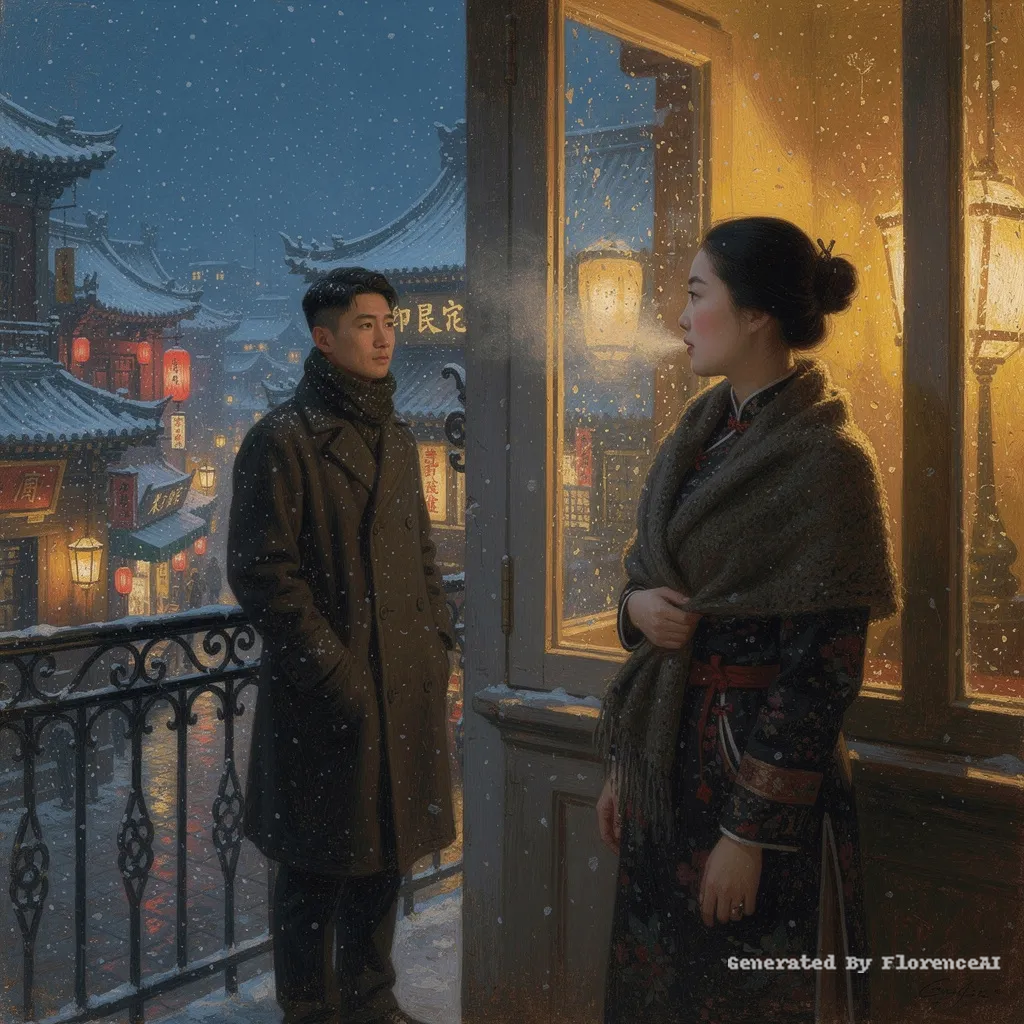 类似 卡耶博特《冬日阳台》，雪夜窗内灯光温暖，二人隔窗相望。中国人物