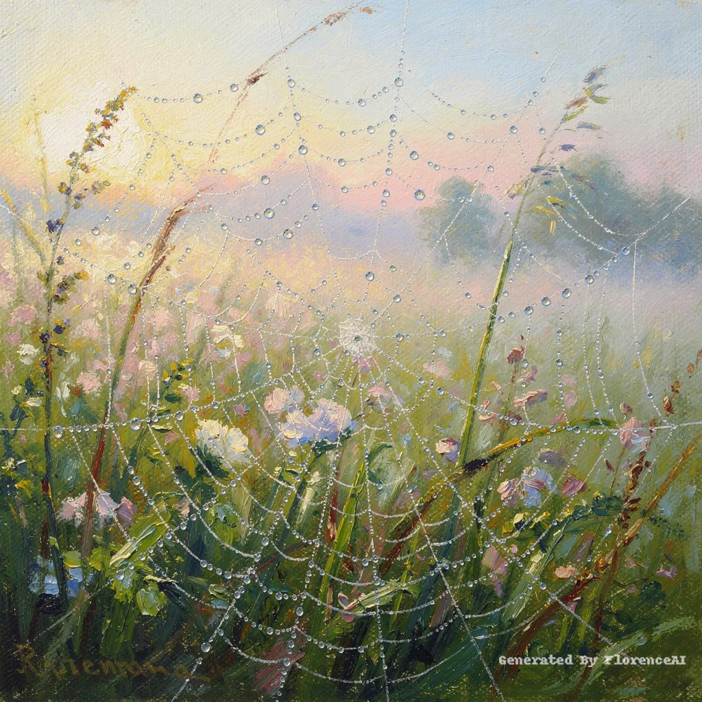 类似  莫奈《蛛网上的露珠》，晨光中露水晶莹，蛛丝轻悬。