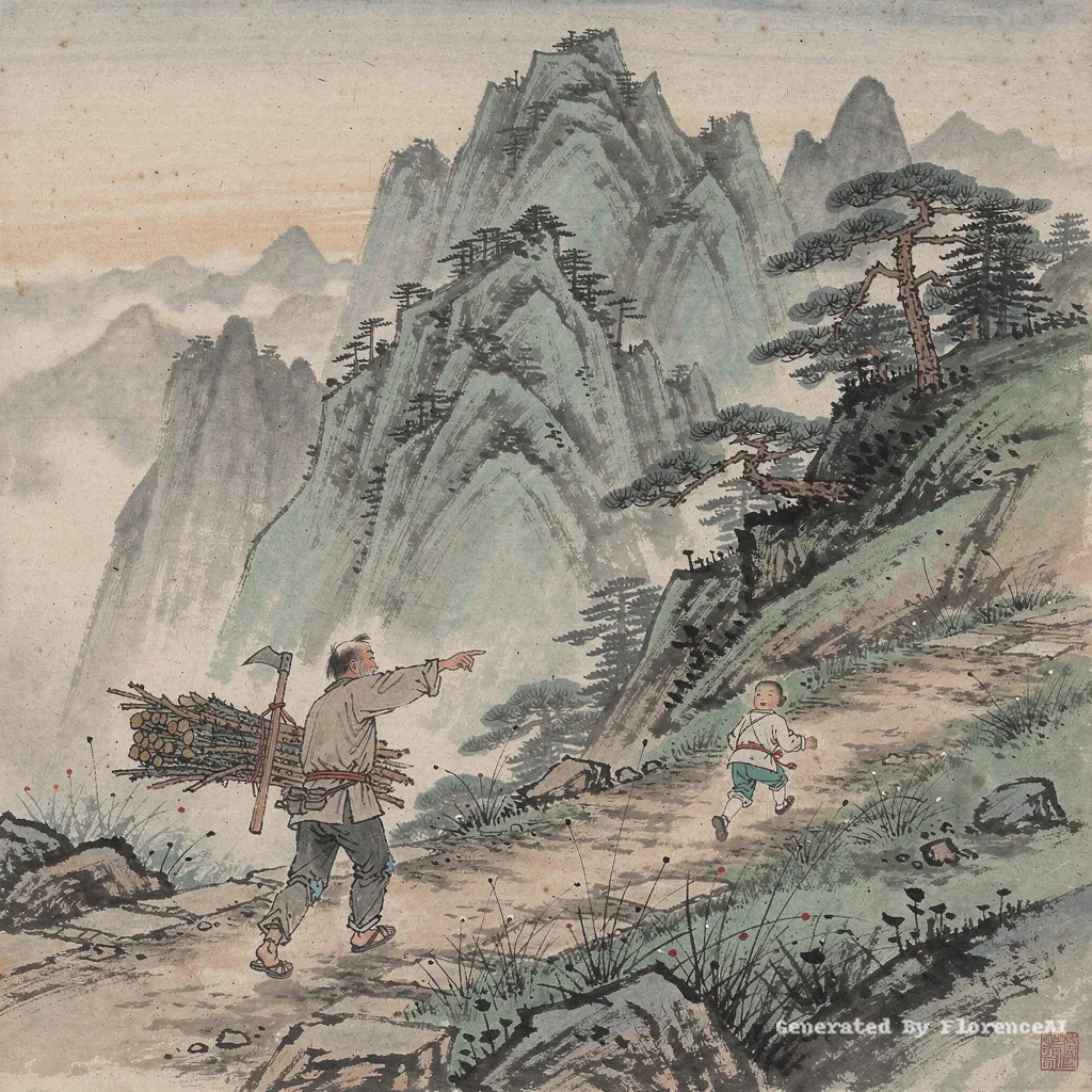 类似  塞尚《圣维克多山》，樵夫指路，孩童奔跑山径。中国风  路面改为山间小路，孩子改为一个