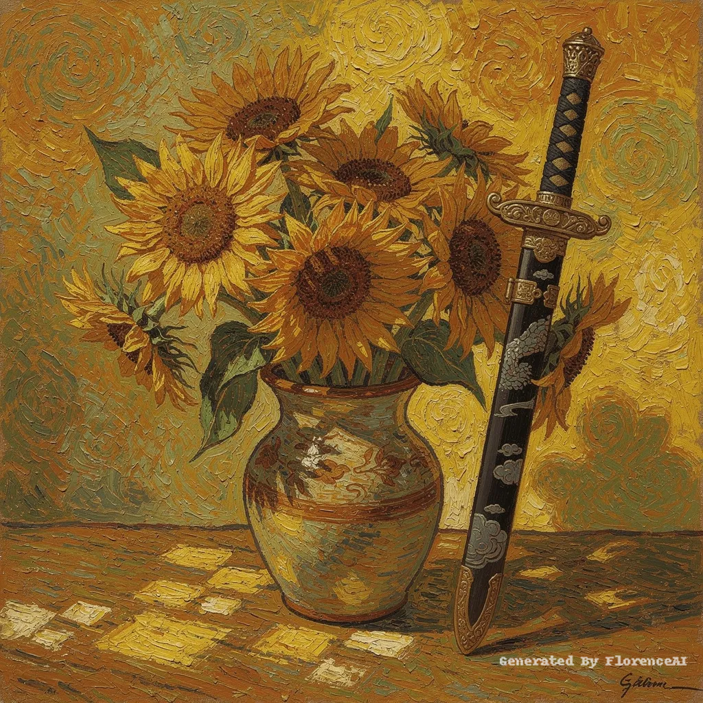 类似梵高《向日葵》 旁置一中国风古剑，光影斑驳。