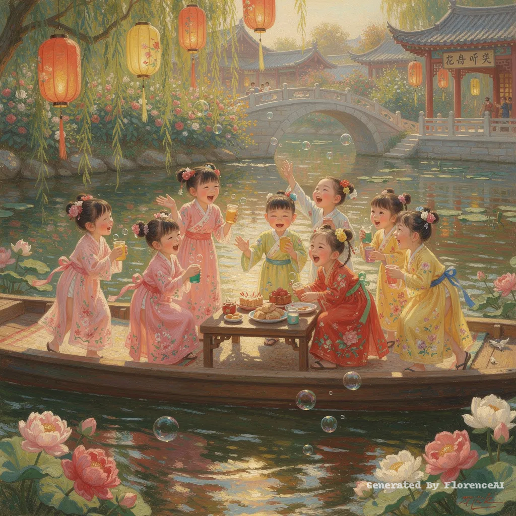 类似 雷诺阿《游艇上的午餐》，孩童嬉戏，花色明媚。中国风