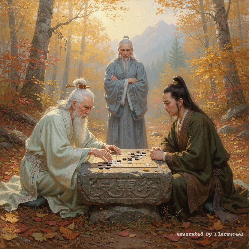 类似  德加《棋局》，二人对弈，一观者凝神，光影朦胧。场景 秋日山林 围棋 棋盘刻在石头上  古装中