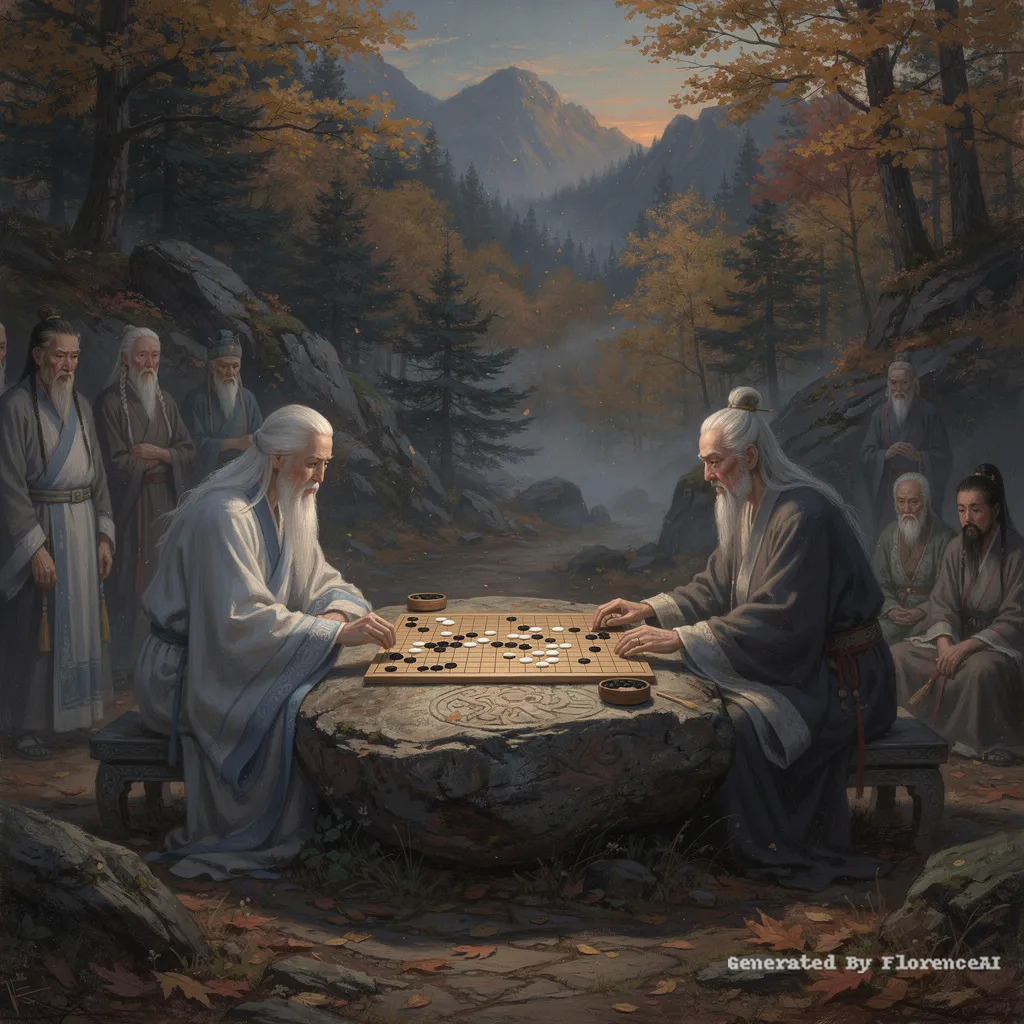 类似  德加《棋局》，二人对弈，观者凝神，光影朦胧。场景 秋日山林 围棋 石头上刻作棋盘  古装中国