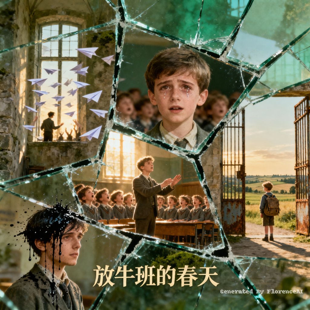 一张电影海报，主题是《放牛班的春天》。

画面主体是一大块碎掉的玻璃，裂纹将画面分割成多个不规则的碎