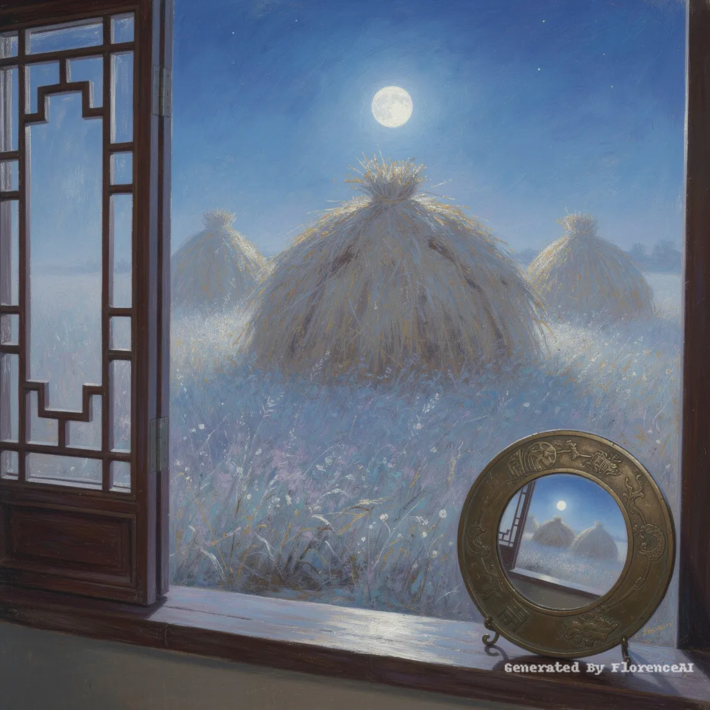 类似  莫奈《月光下的草堆》，明月皎洁，铜镜虚置窗台。中国风