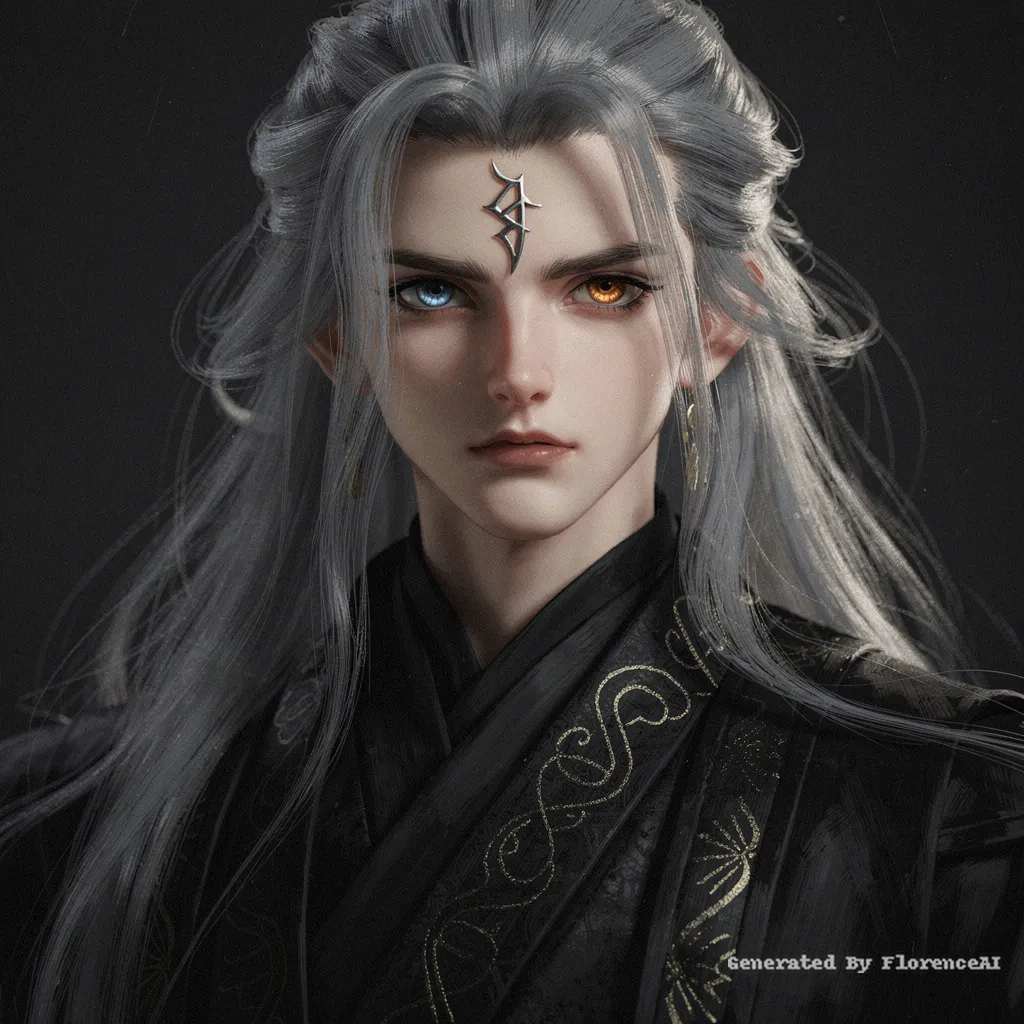 画面采用CG厚涂的视觉风格，呈现出一位三维立体的BJD男性古风角色，属于阴郁系且以
黑色系为主调。角