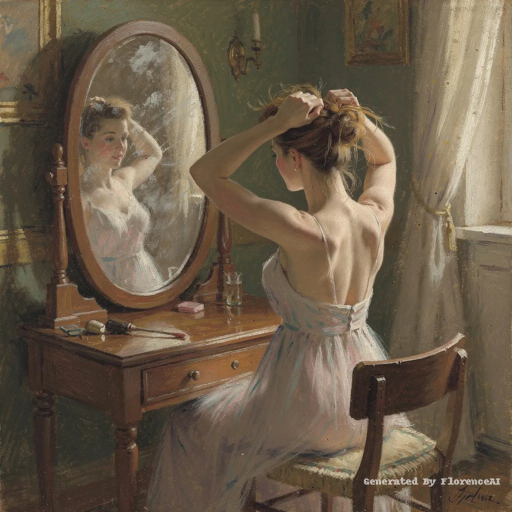 类似德加《梳妆女子》，镜中身影朦胧，似真似幻。