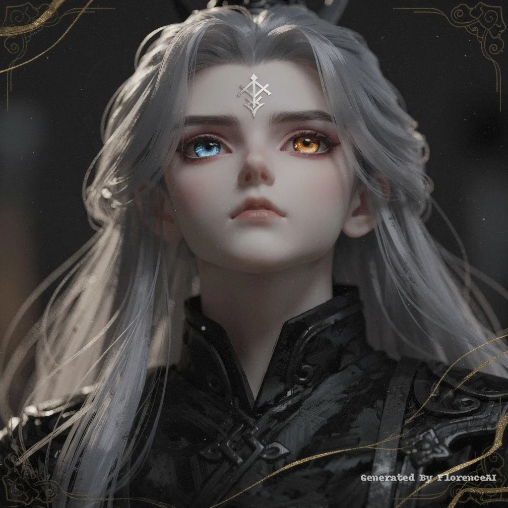 画面采用CG厚涂的视觉风格，呈现出一位三维立体的BJD男性古风角色，属于阴郁系且以
黑色系为主调。角