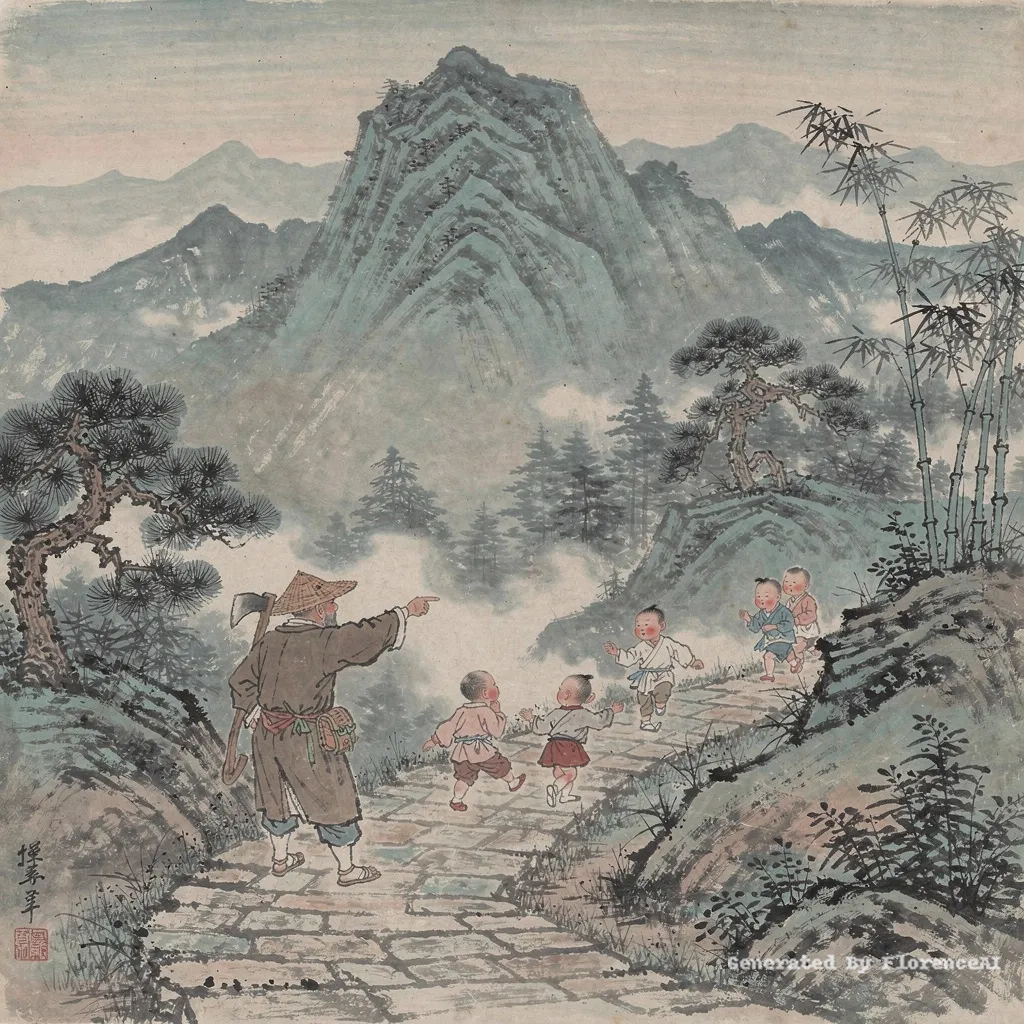 类似  塞尚《圣维克多山》，樵夫指路，孩童奔跑山径。中国风