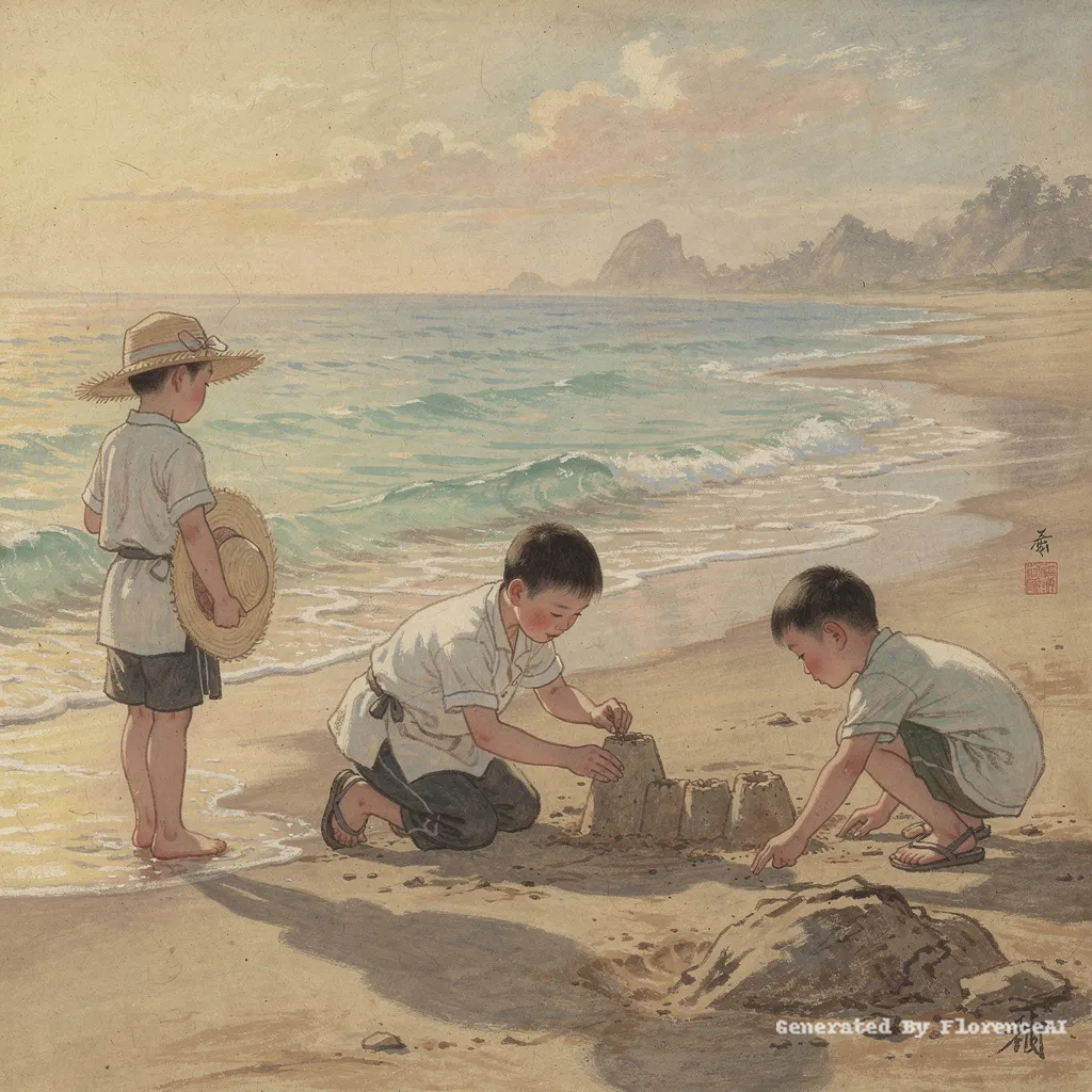 类似  雷诺阿《沙滩上的孩童》，孩子垒沙，海浪轻涌。中国风