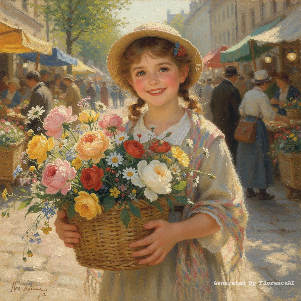 类似雷诺阿《卖花姑娘》，满篮鲜花，笑靥如春。
