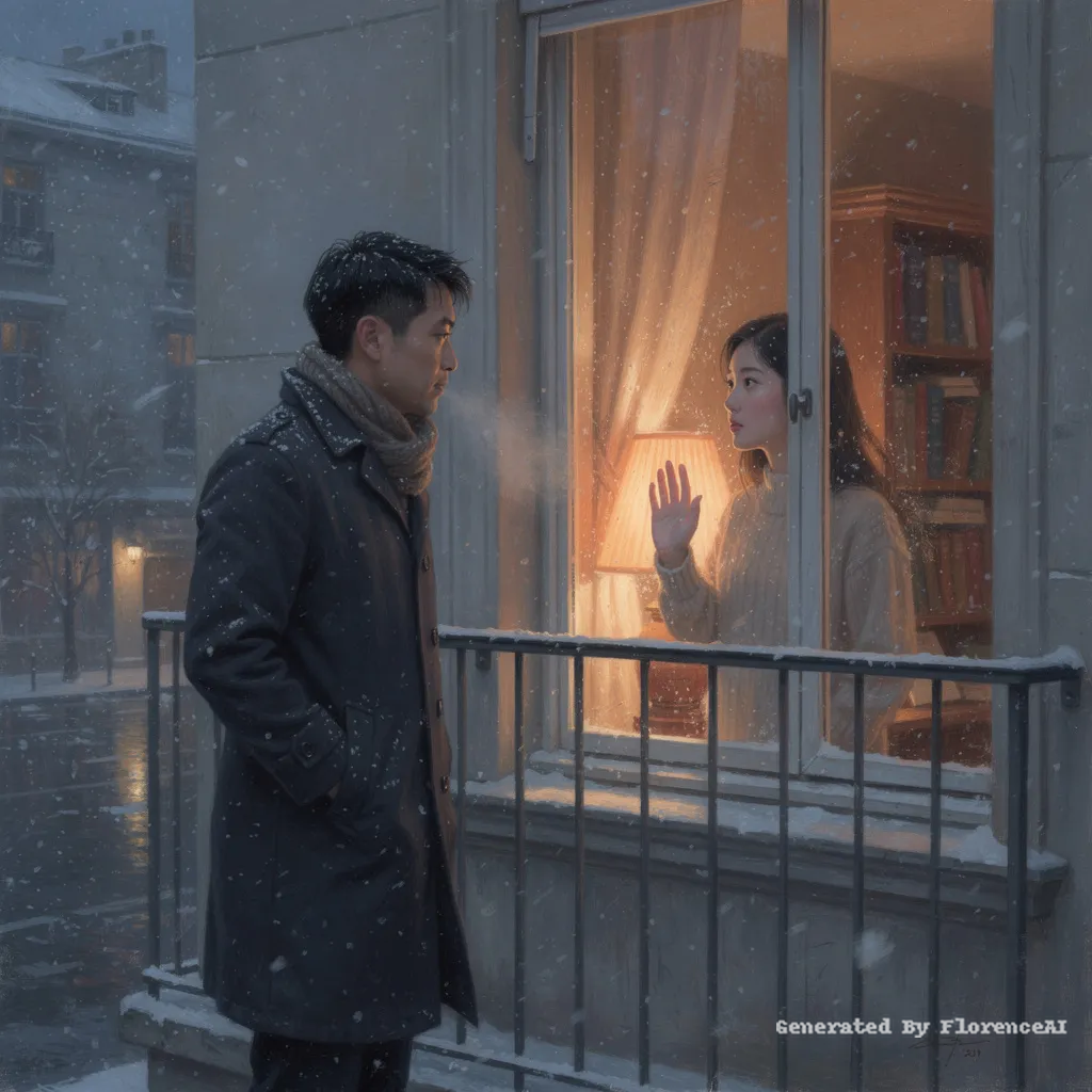 类似 卡耶博特《冬日阳台》，雪夜窗内灯光温暖，二人隔窗相望。中国人物