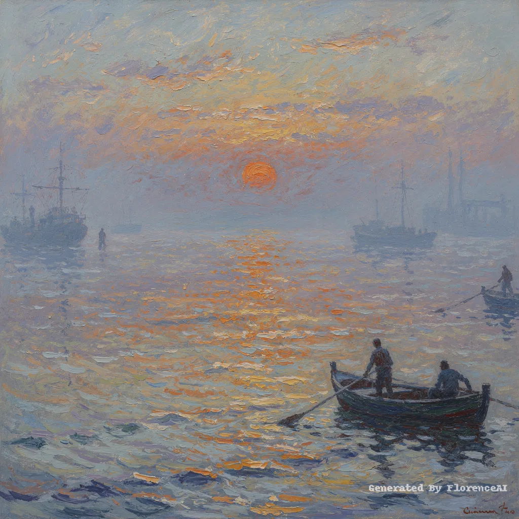 莫奈《印象·日出》，海上光影绚烂，似真似幻。