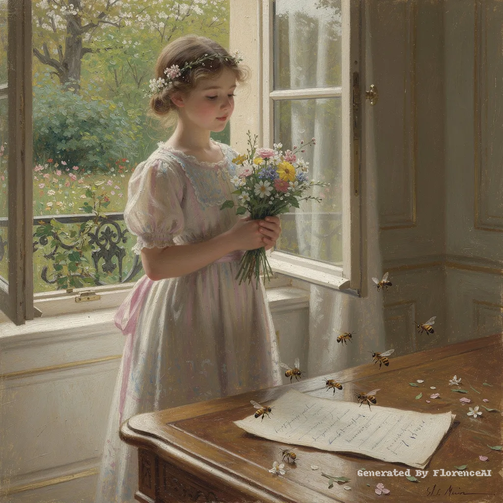 类似马奈《春天》，少女执花立于窗前，蜂舞纸畔。